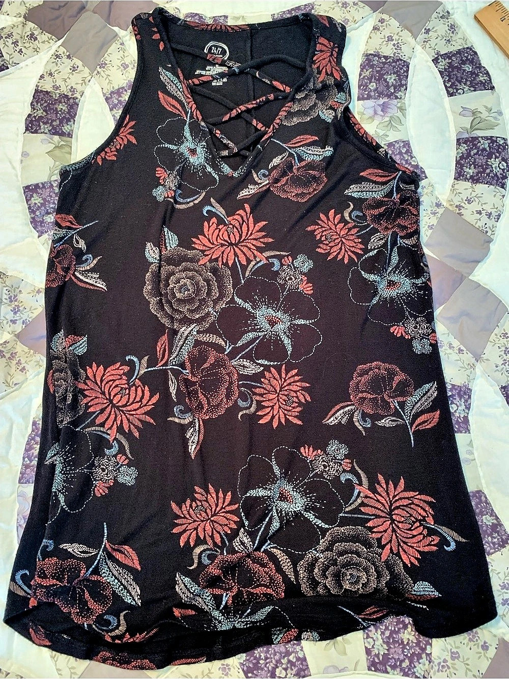 24/7 Comfort Apparel Floral Lace-Up Tank Top Size 2X